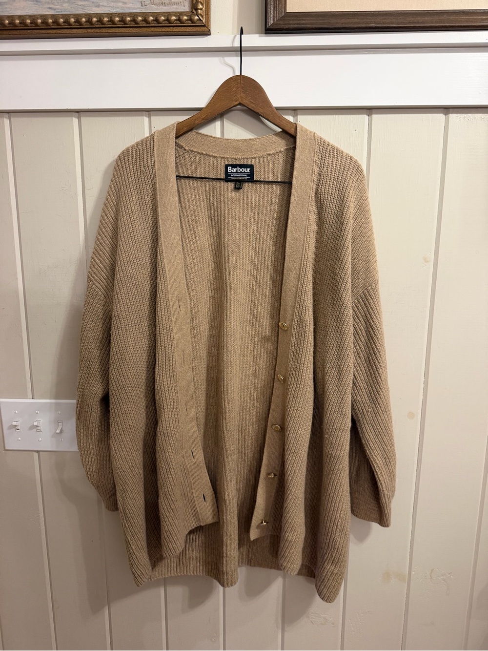 Barbour Tan Ribbed Wool & Cotton Open-Front Cardigan w/ Gold Buttons, Size 10/L